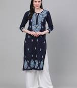 hand embroidered navy blue cotton lucknowi chikankari kurta