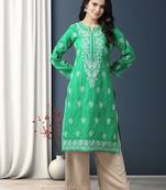 hand embroidered bottle green cotton lucknowi chikankari straight kurta