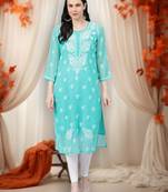 hand embroidered sea green georgette lucknowi chikankari straight kurta with slip