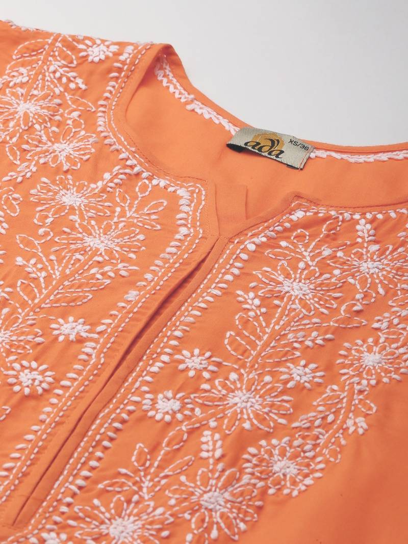 hand embroidered rust cotton lucknow chikan straight kurta