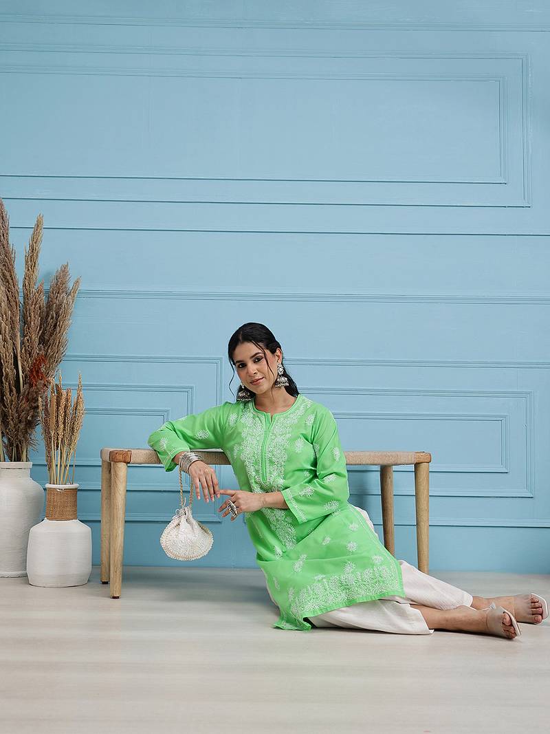 Hand embroidered green cotton lucknowi chikankari straight kurta