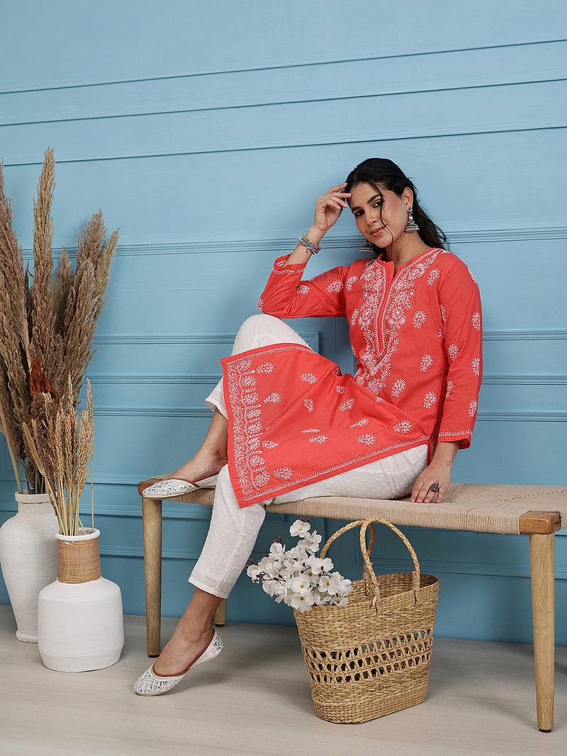 hand embroidered carrot pink cotton lucknow chikan kurta