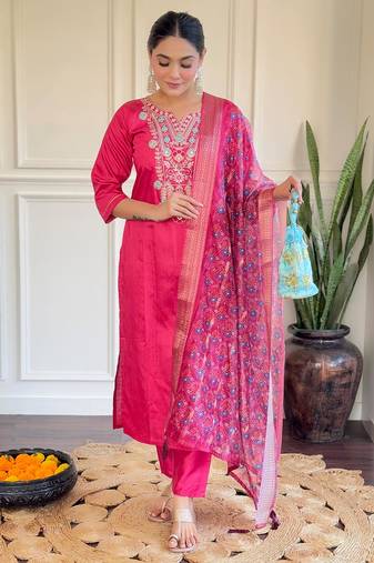 Pink chanderi heavy thread embroidery work with printed dupatta kurta pant set