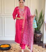 Pink chanderi heavy thread embroidery work with printed dupatta kurta pant set