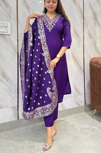 Wine viscose chanderi heavy thread embroidery work with jacquard woven dupatta kurta pant set