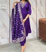 Wine viscose chanderi heavy thread embroidery work with jacquard woven dupatta kurta pant set