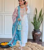 Off white viscose chanderi heavy thread embroidery work with printed dupatta kurta pant set