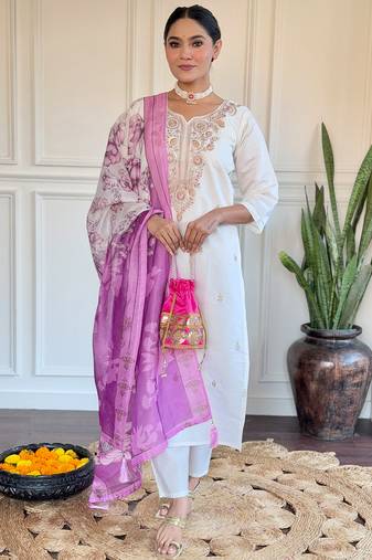 Off white viscose chanderi heavy thread embroidery work with printed dupatta kurta pant set