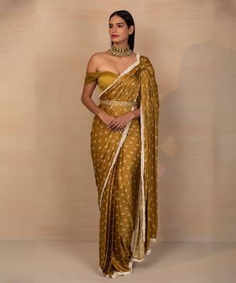 Musturd pre draped printed saree set 1