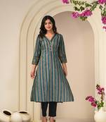 Rama green striped cotton kurti with printed design