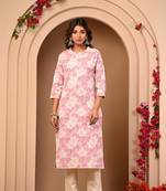 Light pink floral print cotton flex kurti for women