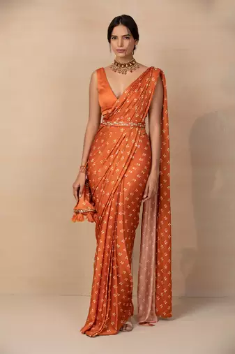 Rust printed saree set