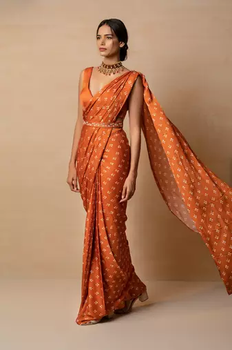 Rust printed saree set