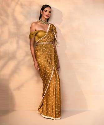 Musturd pre draped printed saree set 2