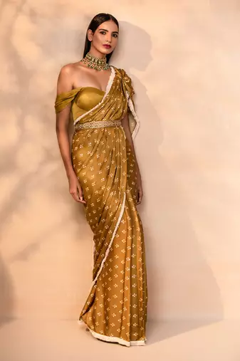 Musturd pre draped printed saree set