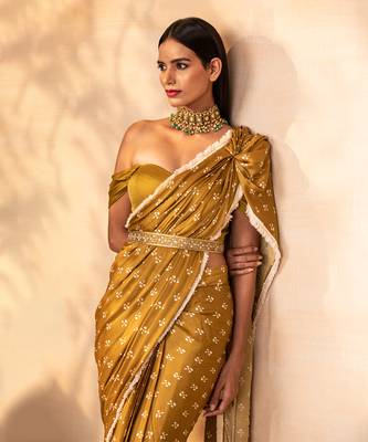 Musturd pre draped printed saree set 3