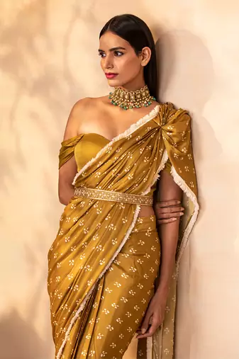 Musturd pre draped printed saree set