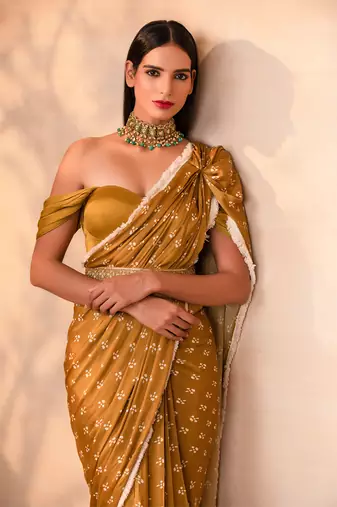 Musturd pre draped printed saree set