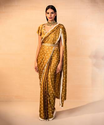Musturd pre draped printed saree set 1