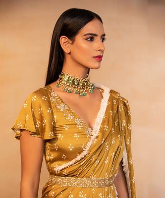 Musturd pre draped printed saree set 2