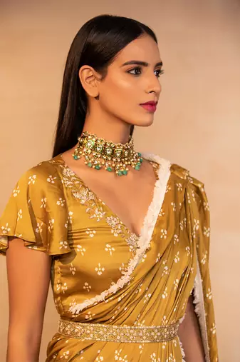 Musturd pre draped printed saree set