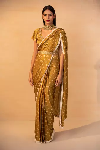 Musturd pre draped printed saree set