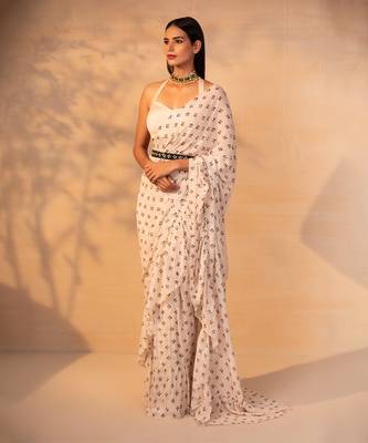 Off white printed ruffle saree with belt set 1