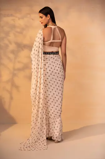 Off white printed ruffle saree with belt set