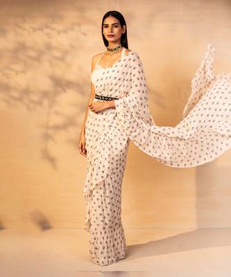 Off white printed ruffle saree with belt set 4