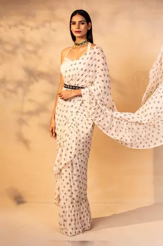 Off white printed ruffle saree with belt set