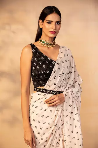 Off white printed ruffle saree with belt set