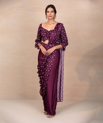 Purple printed draped saree with pants 1