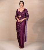 Purple printed draped saree with pants