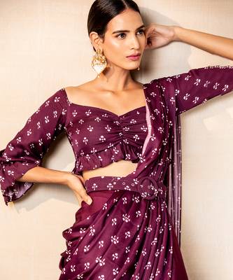 Purple printed draped saree with pants 2