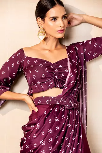 Purple printed draped saree with pants