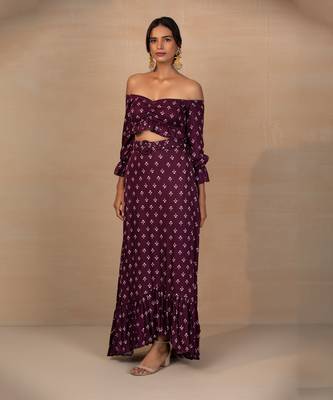 Purple Printed Crop Top And Skirt Set 1