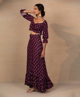 Purple Printed Crop Top And Skirt Set 2