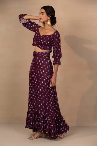 Purple Printed Crop Top And Skirt Set