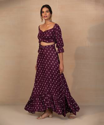 Purple Printed Crop Top And Skirt Set 3