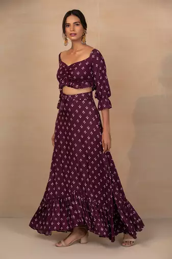Purple Printed Crop Top And Skirt Set