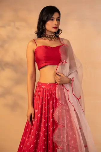Red Printed Skirt Set
