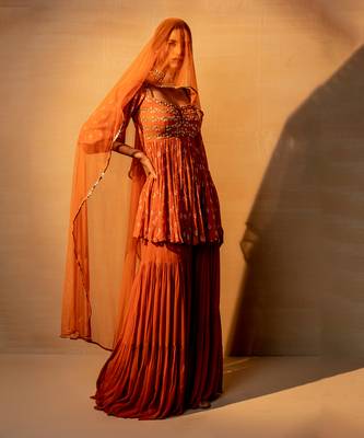 Rust printed and embroidered sharara set 1