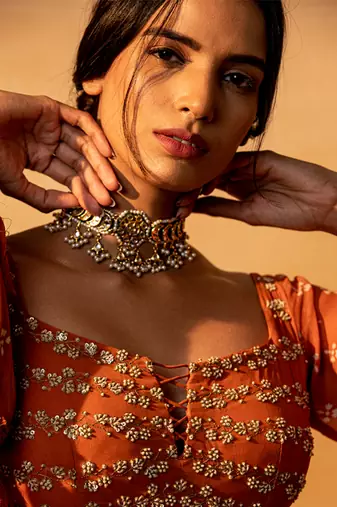 Rust printed and embroidered sharara set