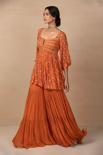 Rust printed and embroidered sharara set