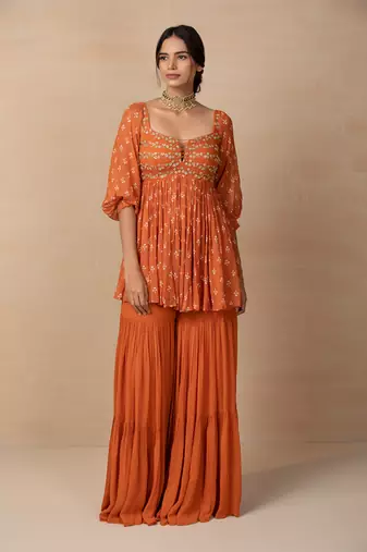 Rust printed and embroidered sharara set