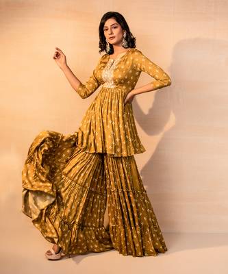 Musturd printed and embroidered sharara set 1