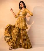 Musturd printed and embroidered sharara set