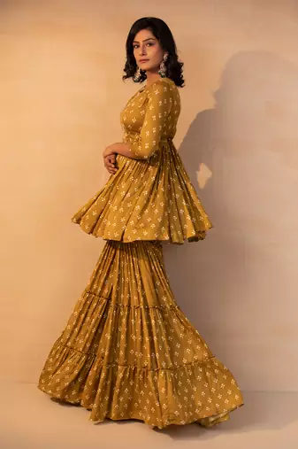 Musturd printed and embroidered sharara set