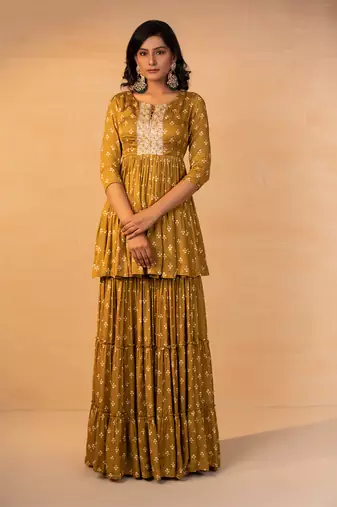 Musturd printed and embroidered sharara set