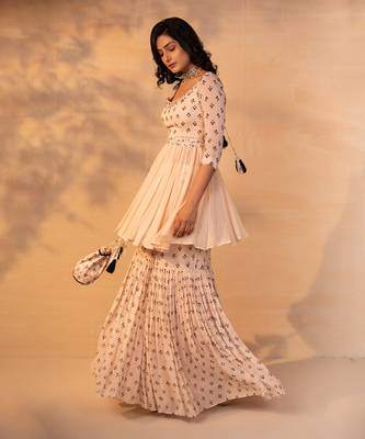 Off white printed and embroidered gharara set 1